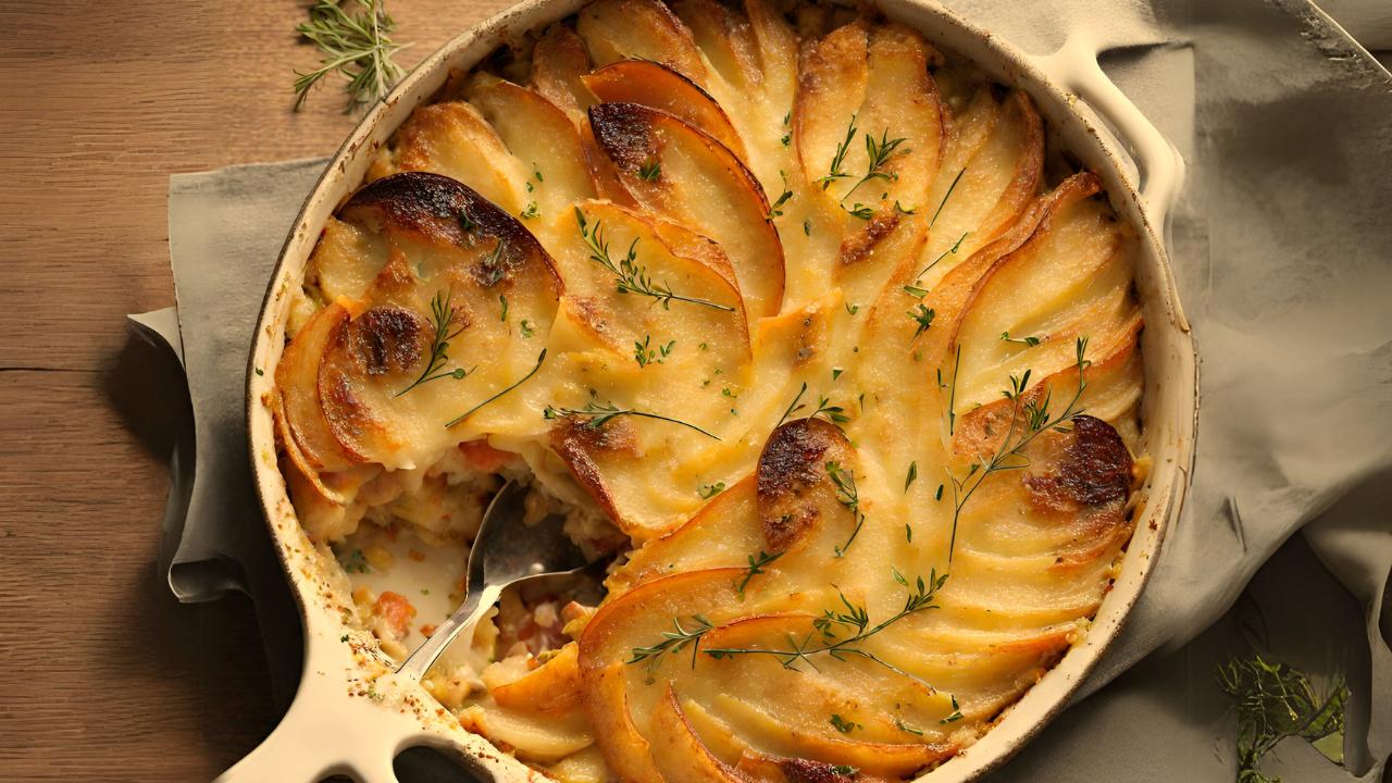 Root Vegetable and Potato Gratin plate with a serving spoon in it