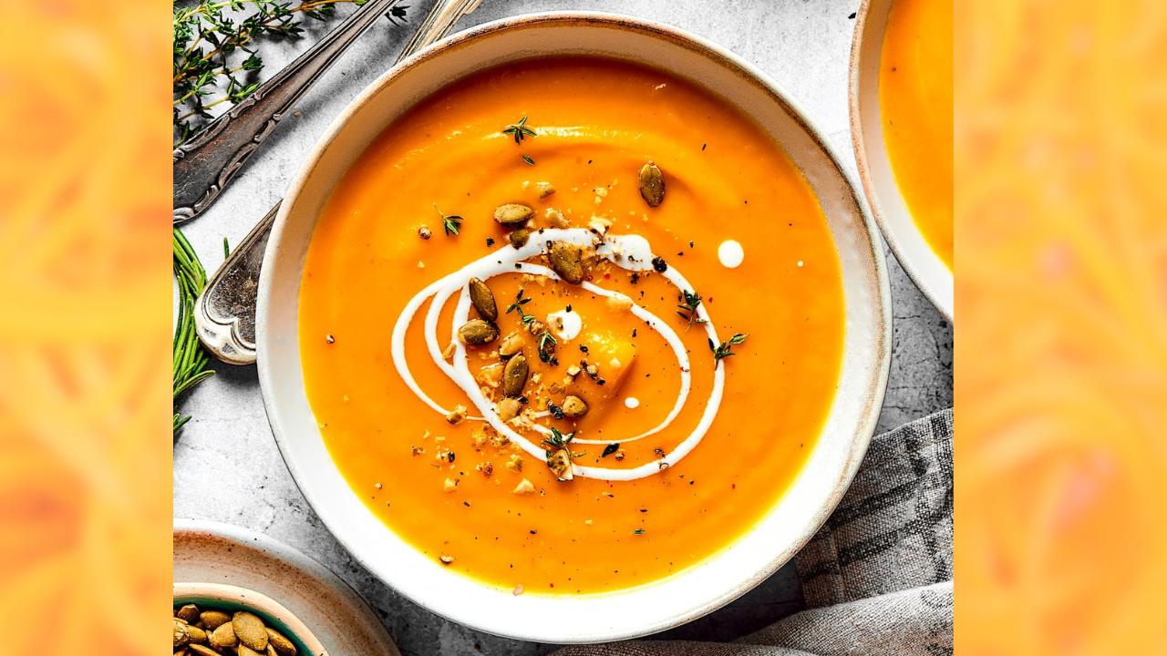 Butternut Squash Soup in a bowl and slightly decorated.